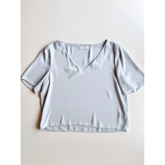Aritzia BABATON Randy Light Blue Matte Satin Cropped V-Neck Blouse Top, Size M - Picture 5 of 10